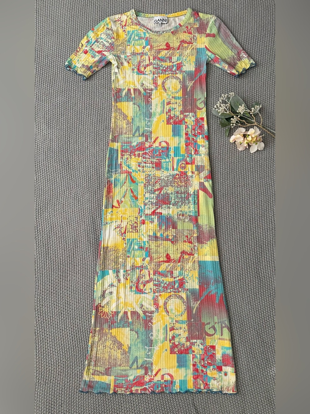 GANNI Printed Rib Jersey Maxi Dress X-Small US 0